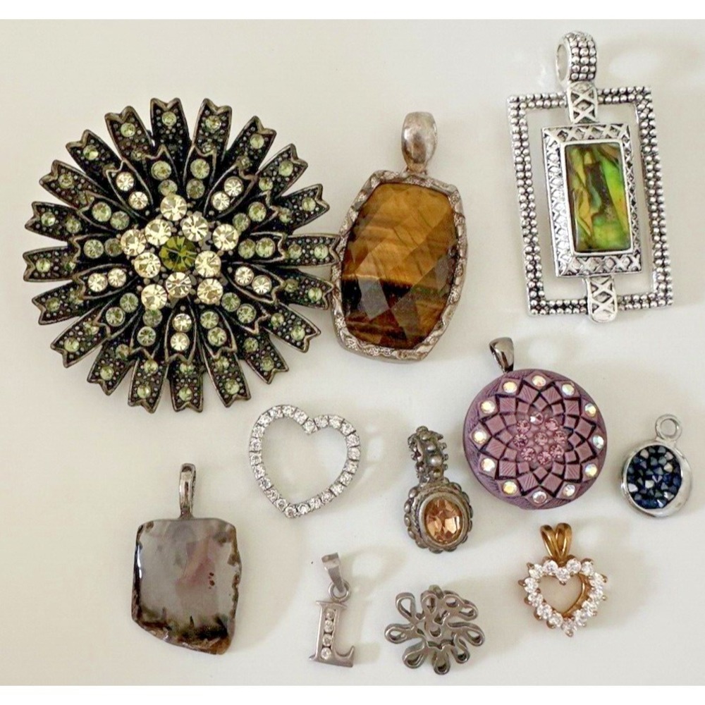 Pendant Lot Heart Stones Starburst Round Gemstones‎ Pink Green Brown Set of 11